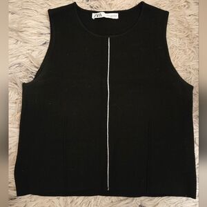 Zara Cropped Black Knit Tank Top With White Stripe Size,M